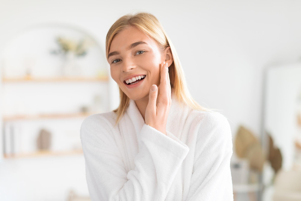 woman touches smooth cheek after skincare procedure